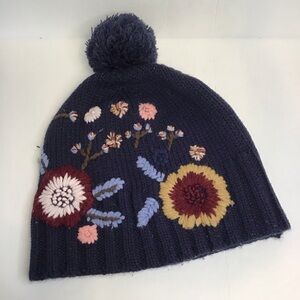 STUDIO WORKSHOP Women's Floral Embroidered Knit Pom Beanie - Navy & Multicolor